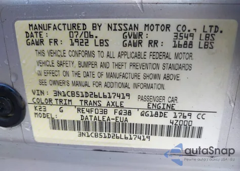 2006 Nissan Sentra 1.8S из США, поврежденный, VIN 3N1CB51D26L617419